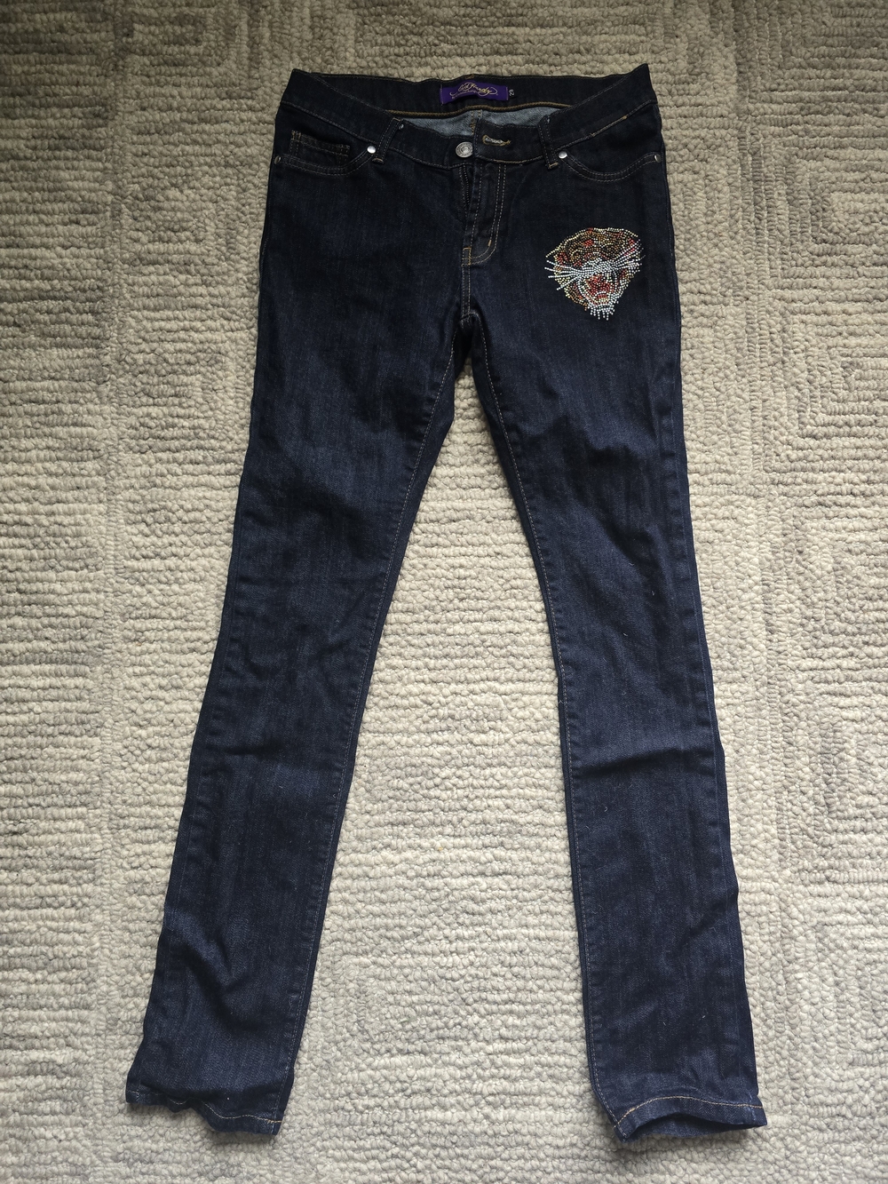 Ed Hardy Dark Blue Skinny Jeans with Rhinestone Tiger